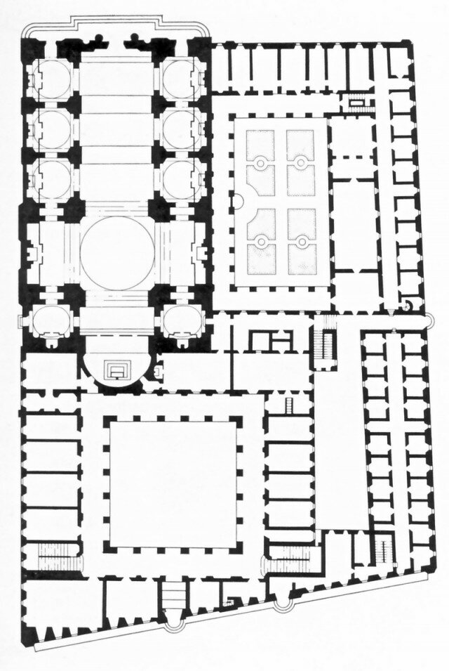 Roma, Collegio romano, pianta. (da P. Letaroully, Edifices de Rome moderne, 3 voll., Paris, 1868, tav. 173).