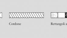 Profilo del tondino ed esempi di apparato decorativo ad astragalo, cordone e rettangoli.