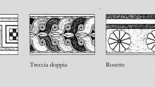Profilo della fascia ed esempi di apparati decorativi a meandro, a treccia doppia e rosette.