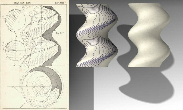 Costruzione delle linee isòfote della colonna torsa in un disegno di Domenico Tessari e nelle rappresentazioni matematica e numerica.